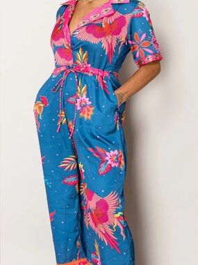🌺 Endless Moon Tropical Bird Print Wide-Leg Jumpsuit NWT – Resort Vacation